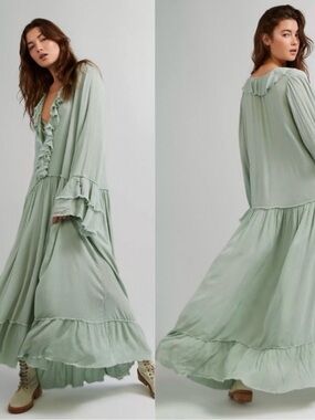 NWT Free People Sage Green Ruffle-Tier Maxi Dress size XS (oversized)